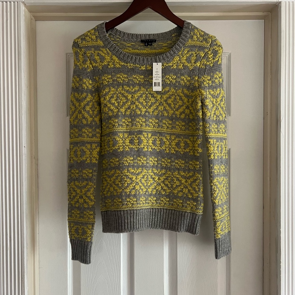 Theory Light Grey and Yellow Tommie P Wool Fair Isle Sweater